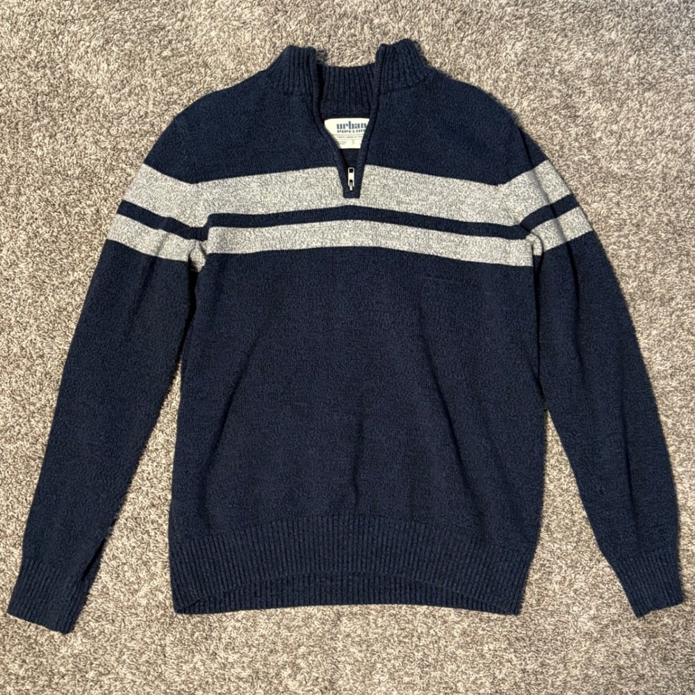 Urban Pipeline Mens‎ XL Tall Quarter Zip Sweater Navy Blue Grey Striped Pullover